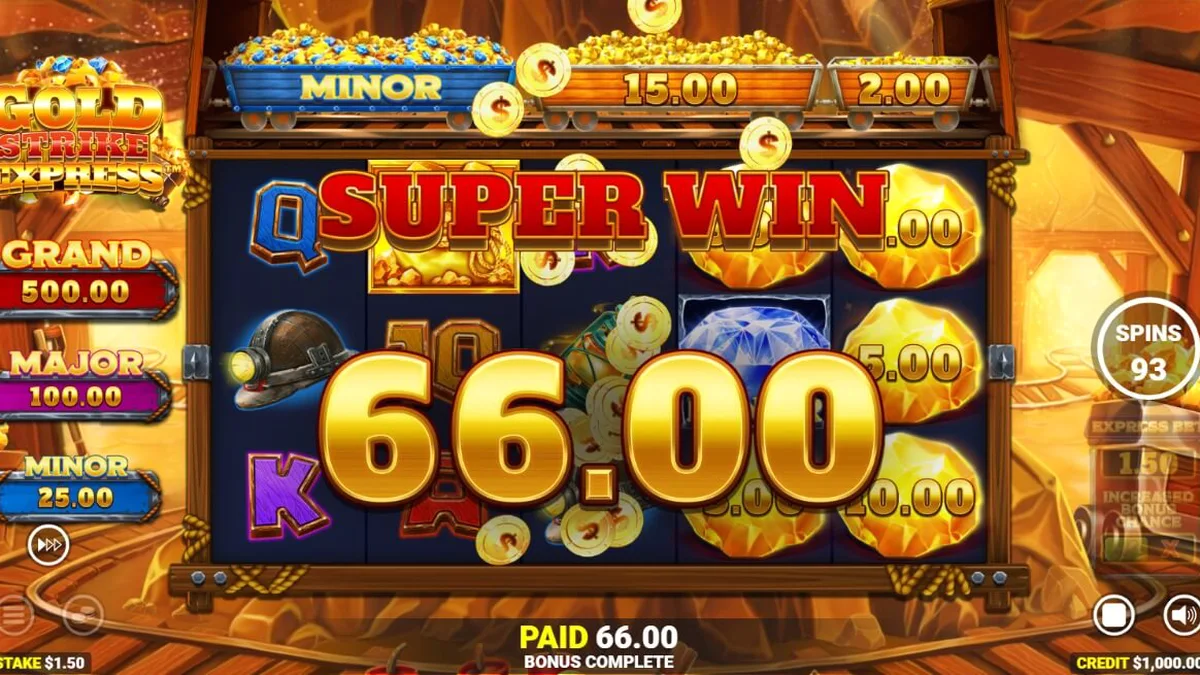 Tampilan visual slot Gold Strike Express dengan tema pertambangan dan rel kereta