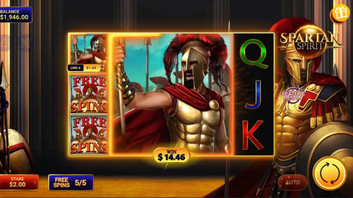 Tampilan layar permainan slot Spartan Spirit dengan prajurit Sparta dan kuil kuno.